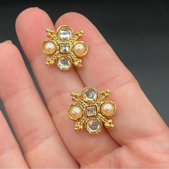 Dainty Faux Pearl and Gold Tone Stud Earrings pierced - Picture 8 of 11